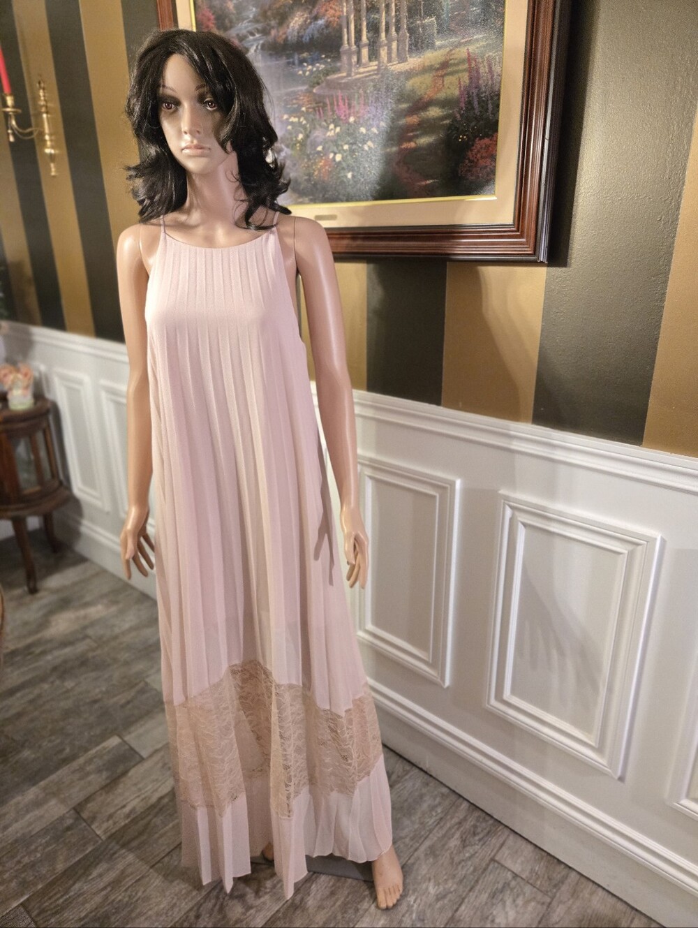 BCBGeneration Soft Blush Pleated Maxi Dress with Lace Insert